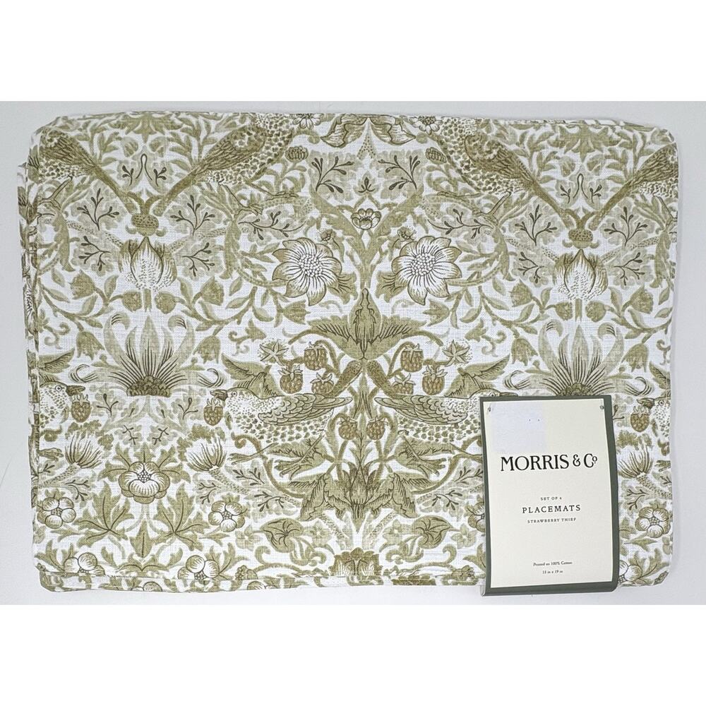 William Morris & Co Placemats Strawberry Thief Cotton Fabric 13x19 4 Sage Green